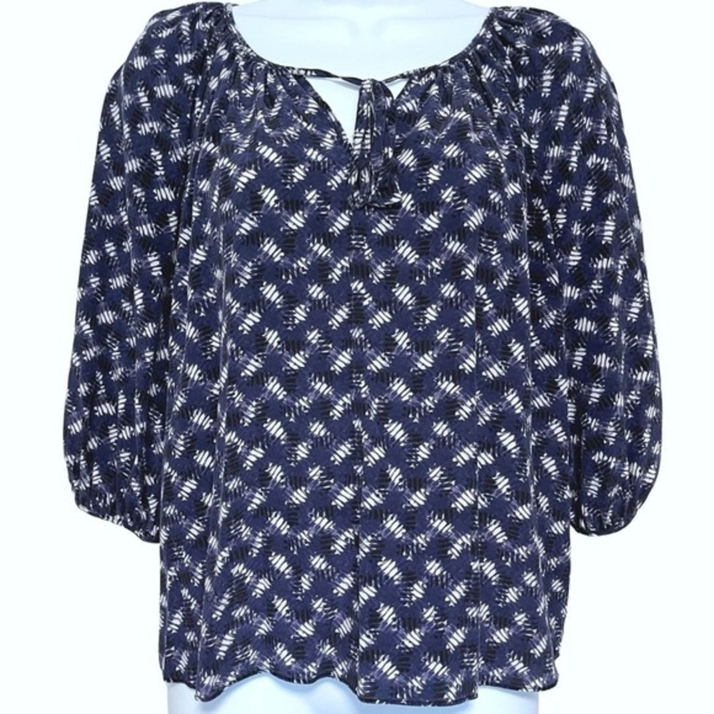 Rebecca Taylor Silk Blouse Top Womens Size 2 Dark Blue Puff Sleeve‎ Peasant Boho